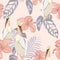 Tropical vintage grey leaves and hibiscus flowers, pelican floral seamless pattern, light background.
