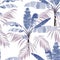 Tropical vintage night plants, palm trees, banana tree floral seamless pattern, violet colors.