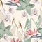 Tropical vintage palm leaves and plants, exotic flowers, pelican floral seamless pattern, light yellow background.