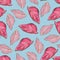 Tropical vintage red Aglaonema modestum Schott palm leaves floral seamless pattern on blue background.