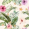 Tropical vivid flowers leaves seamless background