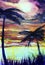 Tropical watercolor illustration palms sunset sea