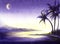 Tropical watercolor landscape of starry night at seashore. Sea bay with blurry mountains on one side and dark silhouettes of tall