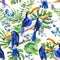 Tropical watercolor seamless pattern with toucan, exotic green l