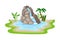 Tropical Waterfall with Cliffy Bounds and Exotic Plants Growing Around Vector Illustration