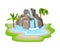 Tropical Waterfall with Cliffy Bounds and Exotic Plants Growing Around Vector Illustration