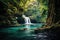 tropical waterfall flowing into a secluded lagoon