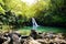 Tropical waterfall Lower Waikamoi Falls and a small crystal clear pond, inside of a dense tropical rainforest, off the Road to Han