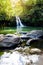 Tropical waterfall Lower Waikamoi Falls and a small crystal clear pond, inside of a dense tropical rainforest, off the Road to Han