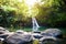 Tropical waterfall Lower Waikamoi Falls and a small crystal clear pond, inside of a dense tropical rainforest, off the Road to Han