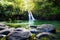 Tropical waterfall Lower Waikamoi Falls and a small crystal clear pond, inside of a dense tropical rainforest, off the Road to Han