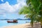 Tropical white sand beach landscape, turquoise sea water, blue sky, clouds, green palm, boat, summer on Samui island, Thailand