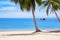 Tropical white sand beach landscape, turquoise sea water, blue sky, clouds, green palm tree leaves, boat, sunny day, nobody, relax