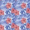 Tropical winter red hibiscus cold blue palm leaves seamless with