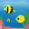 Tropical yellow fish swim underwater near the algae. Vertical scene in cartoon style.
