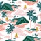 Tropics background with sailing boats, exotic islands, palm trees silhouettes, ocean sea waves texture