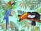 Tropics. Watercolor pattern with macaw parrot, toucan, jungle leaves. The idea of design, textiles, wallpaper and more.