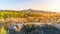 Trosky castle ruins. Two towers of old medieval castle on the hill. Landscape of Bohemian Paradise, Czech: Cesky raj