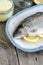 Trout stuffed with lemon slices and seasoned with aroma sea salt with lemon peel