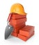 Trowel and bricks. Work equipment. 3D icon