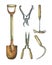 Trowel , shears, hayfork and other paraphernalia necessary for garden improvements.