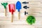Trowel, shovel garden agriculture tool spoon spade on wooden background.