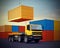 Truck on background of stack of freight containers