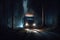 truck, barreling down a forest road at night, with only its headlights illuminating the way