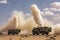 Truck based anti aircraft missile launchers fire in the desert