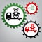 Truck with bear. Vector. Three connected gears with icons at grayish background.. Illustration.