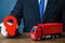 Truck and businessman with red location pin. Transport service infrastructure, business service. Logistics. Transportation company