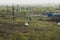 Truck car among forest near the factory. power lines. manufacture building. railway in marshland