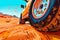 Truck car wheel on offroad steppe adventure trail, travel, destination scenics