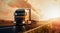 Truck with cargo driving on motorway at sunset with cloudy sky