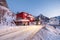 Truck cargo driving on snowy road in valley