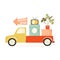 Truck carrying cardboard box, washing machine, TV, flowerpot. Relocation, moving concept