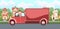 Truck. Cartoon childrens illustration. Children on vacation. Town landscape with suburban road. Automotive tourism