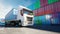 Truck in container depot, wharehouse, seaport. Cargo containers. Logistic and business concept. 3d rendering.