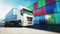 Truck in container depot, wharehouse, seaport. Cargo containers. Logistic and business concept. Realistic 4k animation.