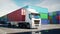 Truck in container depot, wharehouse, seaport. Cargo containers. Logistic and business concept. Realistic 4k animation.