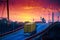 Truck with container rides over the bridge, beautiful sunset, freight cars in industrial seaport, the road goes up