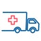 Truck with cross. medical and food supplies icon. Vector thin line illustration.