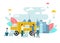 Truck with donation boxes and volunteers providing help to needy people, isolated flat vector illustration