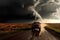A truck driving down a dirt road under a dark cloud. Generative AI image.