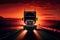 Truck driving on the freeway at sunset. AI generated