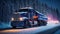 Truck driving snowy road night trailer january modern logistic forest