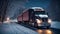 Truck driving snowy road at night trailer outdoor january modern logistic