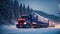 Truck driving snowy road night trailer outdoor january modern logistic forest