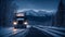 Truck driving on winter night road cold