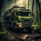 Truck. Ecological concept. Truck made of green vegetation in the forest